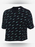 Nike Sportswear Allover Swoosh Print T-Shirt Black Blue Logo Women's Large Top