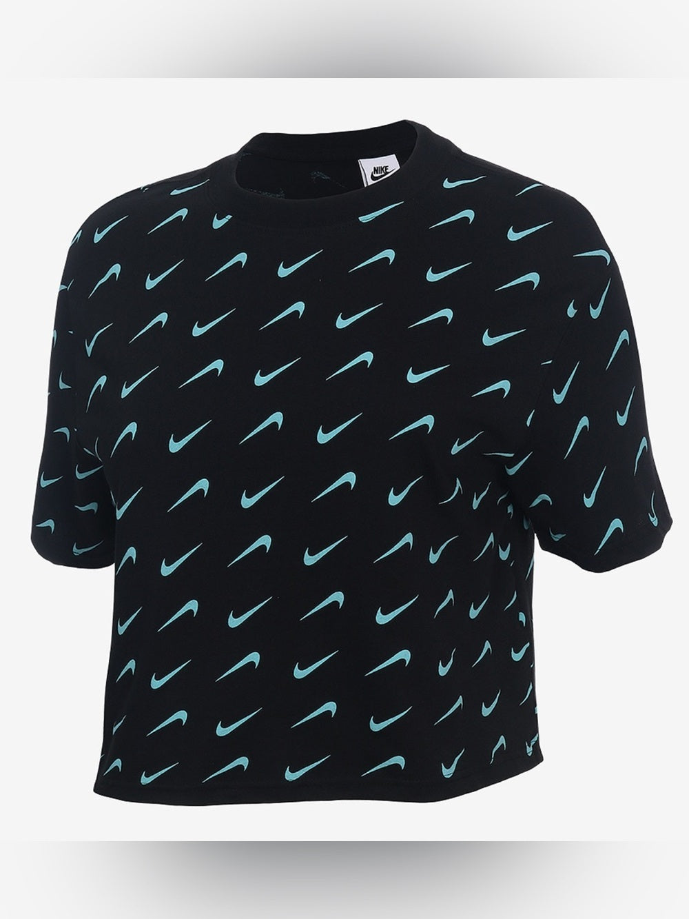 Nike Sportswear Allover Swoosh Print T-Shirt Black Blue Logo Women's Large Top