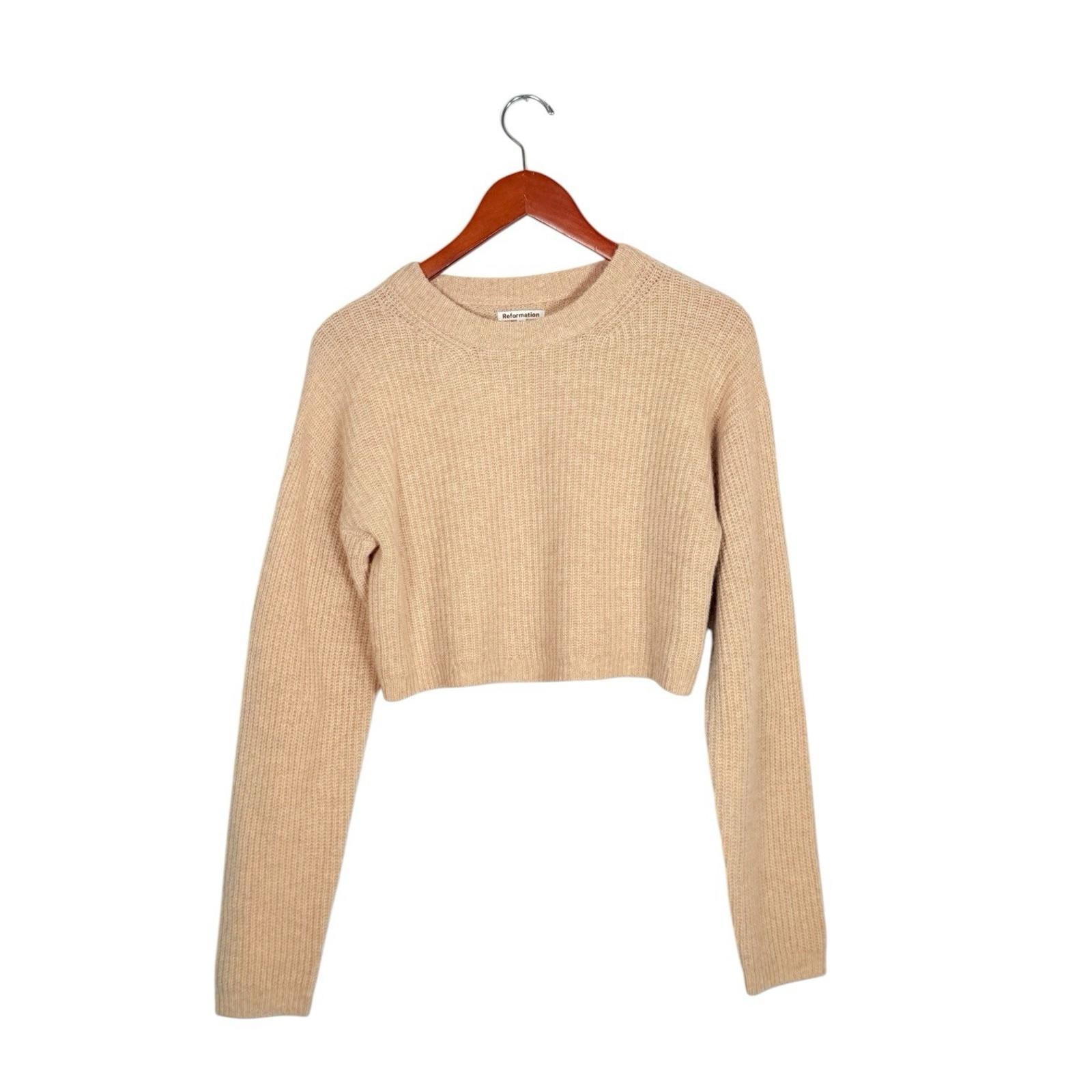 Reformation XS Wool Cropped Sweater Women Beige Tan Long Sleeve Knit Pullover - view 9