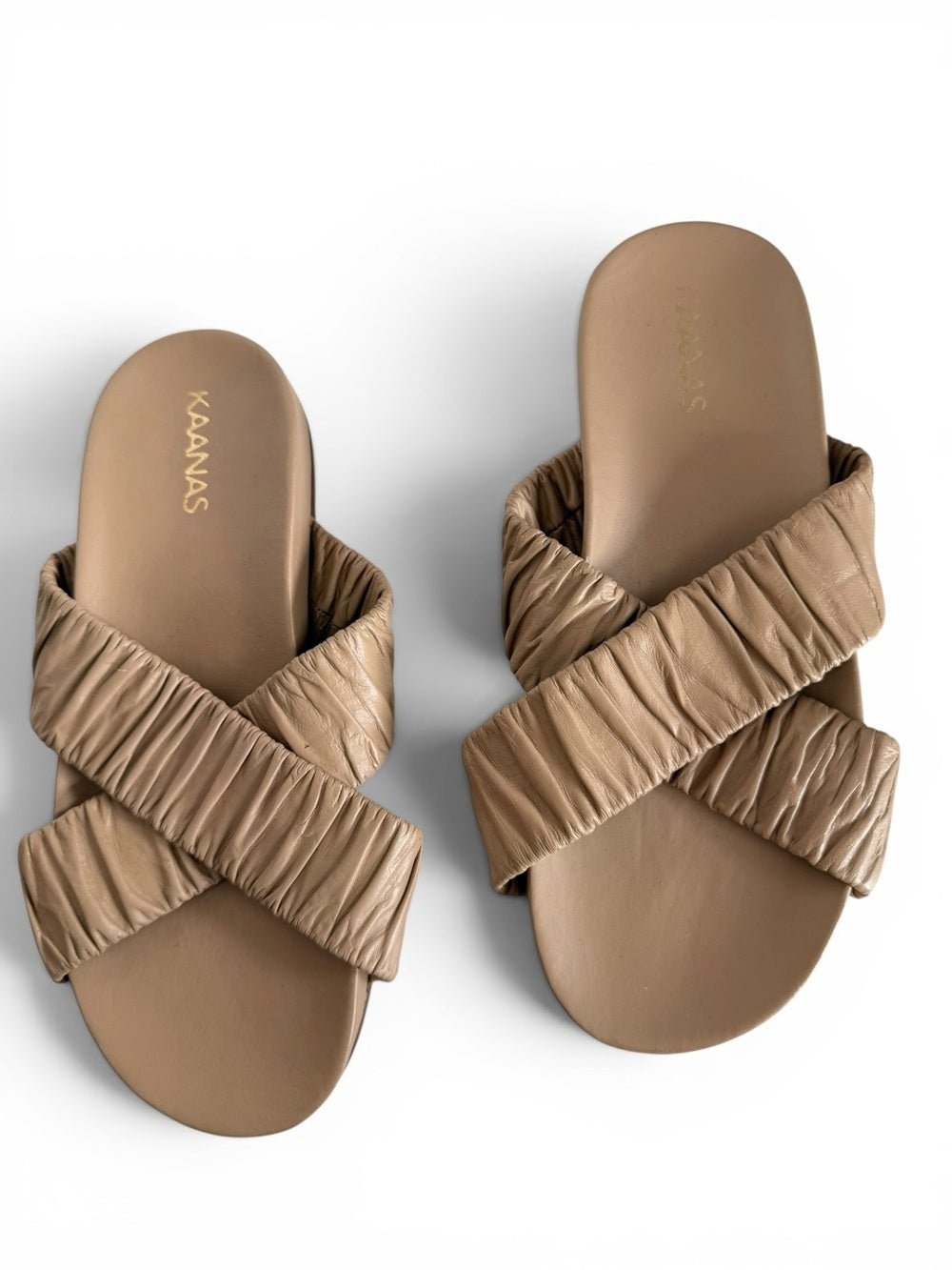 KAANAS Women’s Tan Brown Ruched Leather Cross Strap Slide Sandals Women Size 7M