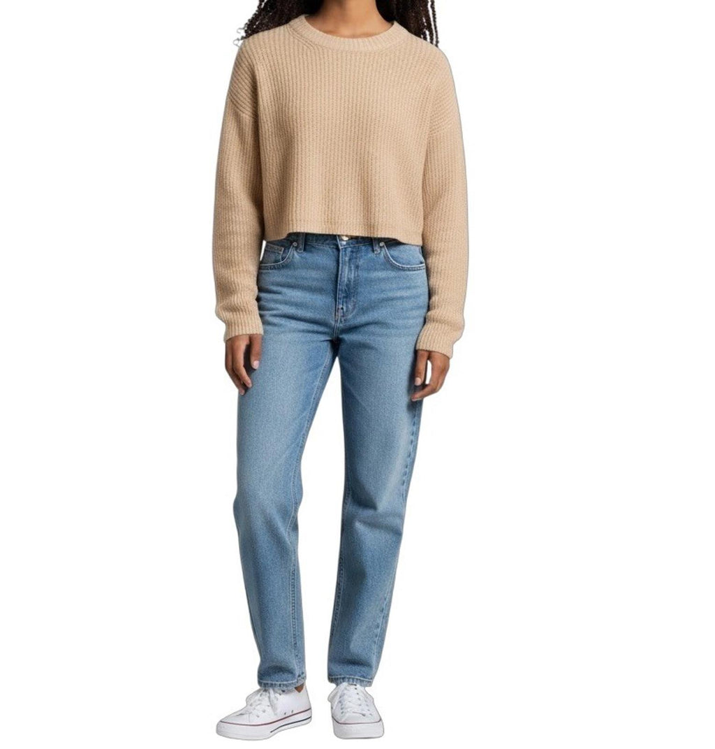 Reformation XS Wool Cropped Sweater Women Beige Tan Long Sleeve Knit Pullover