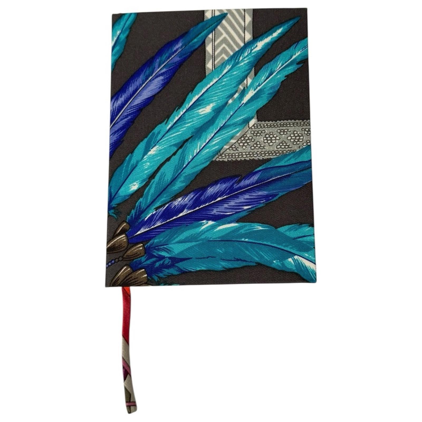 Hermes Brazil Silk Notebook Multicolor Blue Grey Feather Motif New With Box - view 4