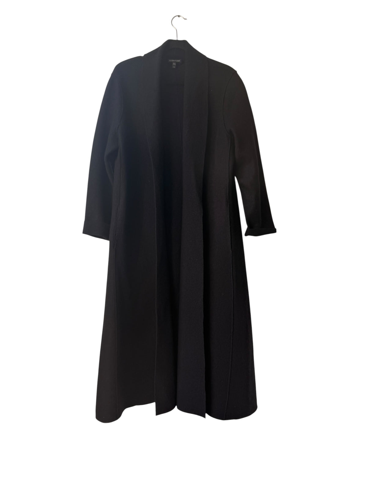 Eileen Fisher black long open-front coat, front