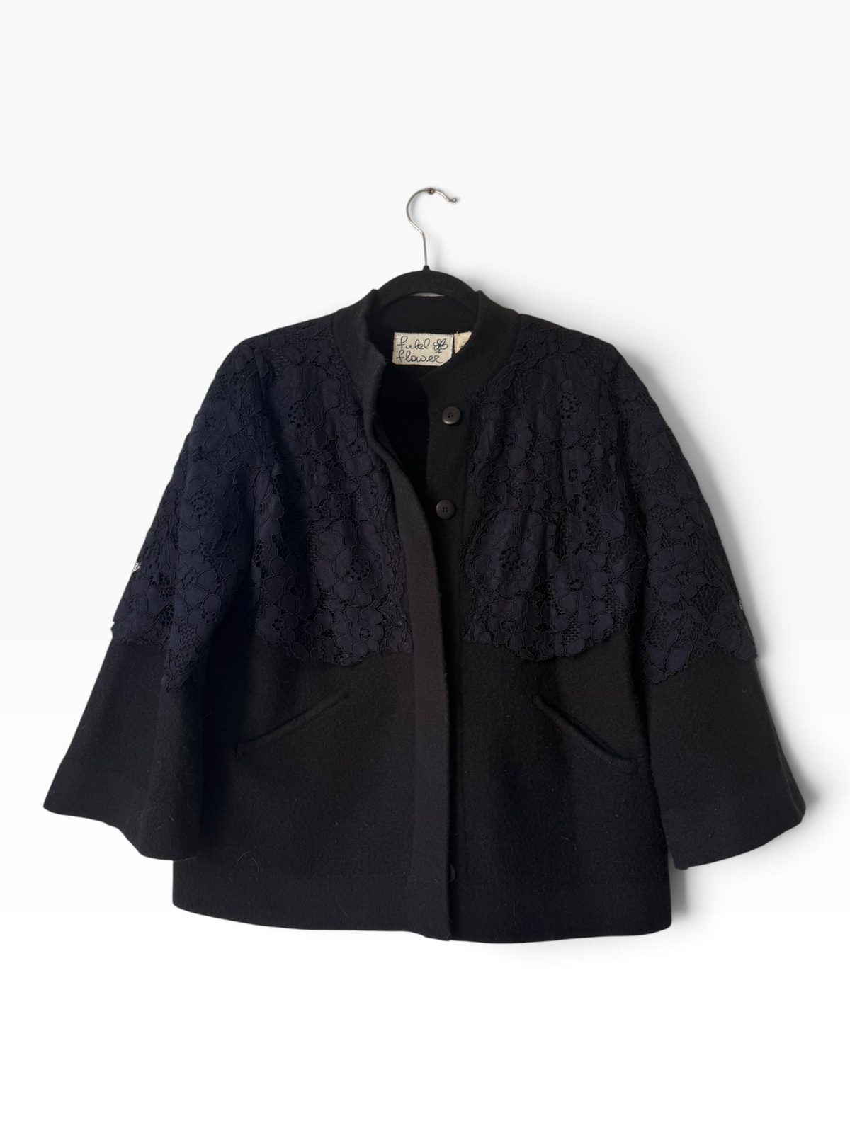 Field Flower Wool Lace-Panel Cape Jacket Black XS - IMG_6339