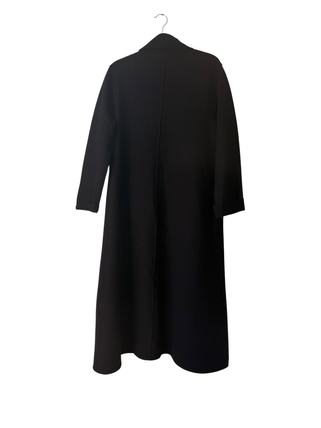 Eileen Fisher black long open-front coat, back detail
