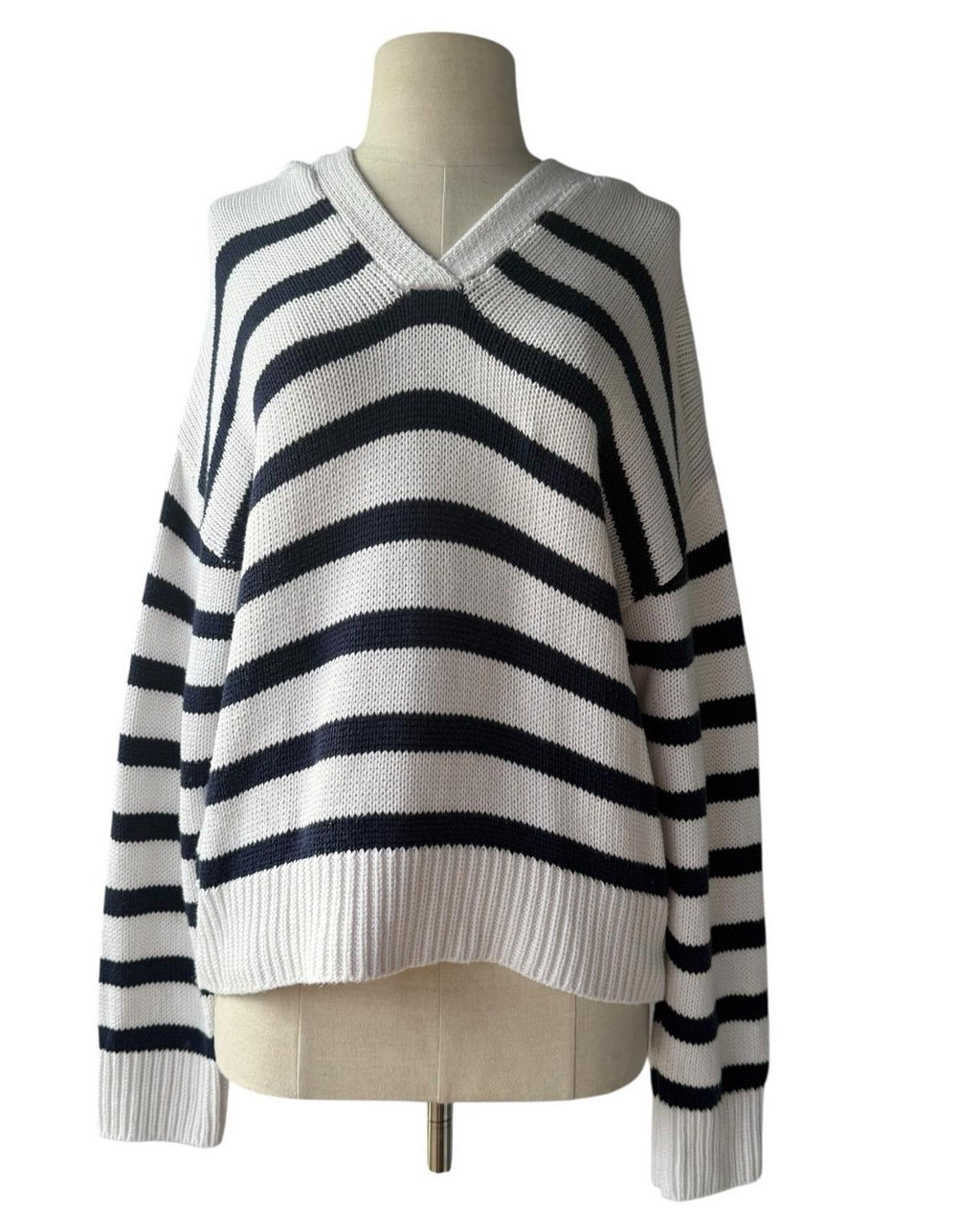 One Grey Day Leni Hoodie Navy Combo Striped Cotton Silk Knit Sweater Women’s XS - view 4