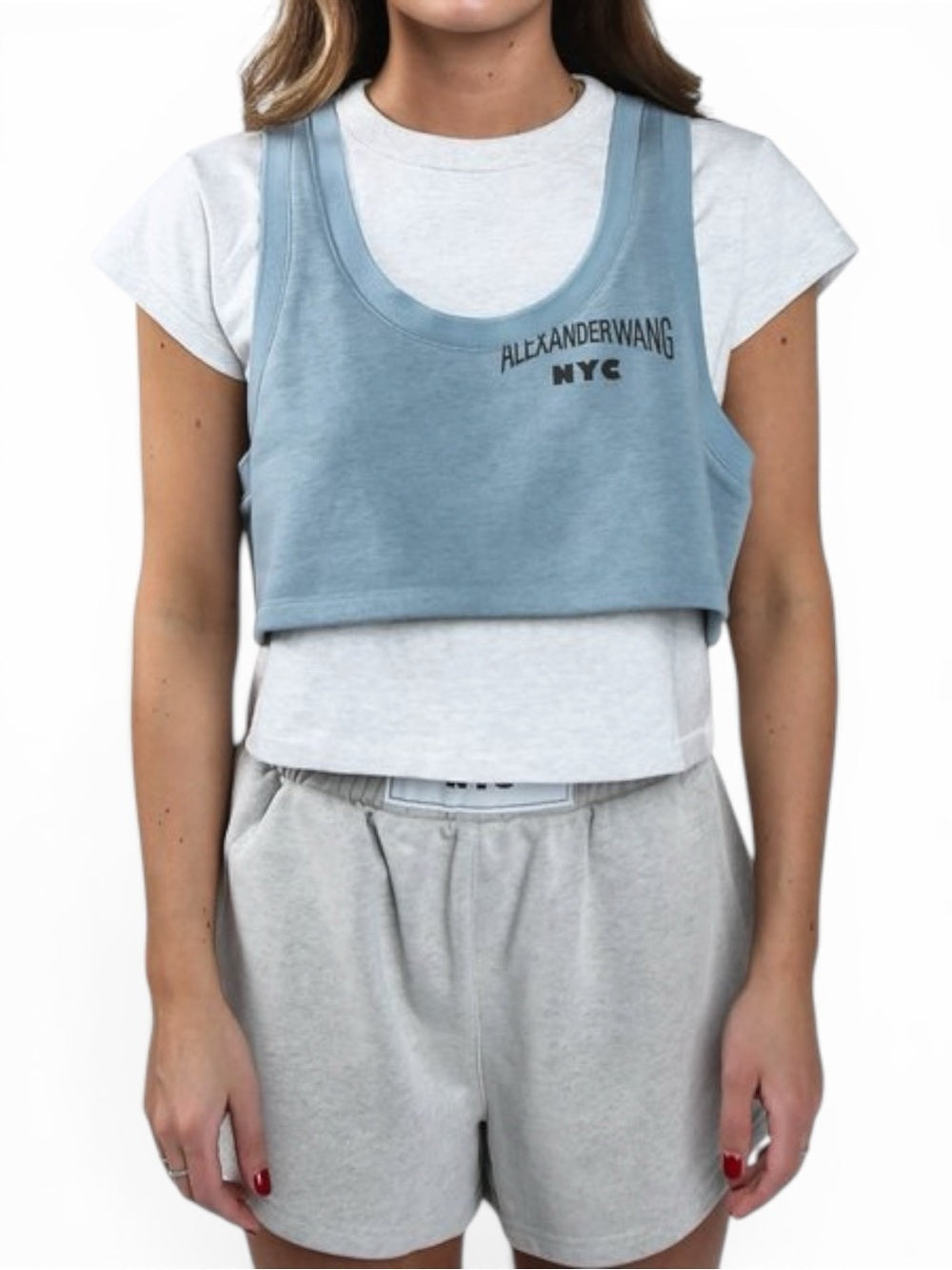 Alexander Wang Bi Layer Crop Top Sea Blue Layered Tee Size Small EU 38 Women’s