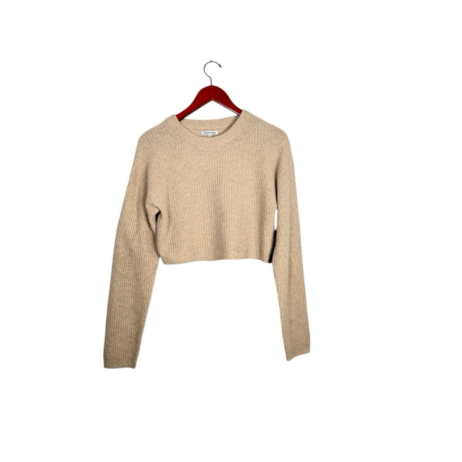 Reformation XS Wool Cropped Sweater Women Beige Tan Long Sleeve Knit Pullover - view 3