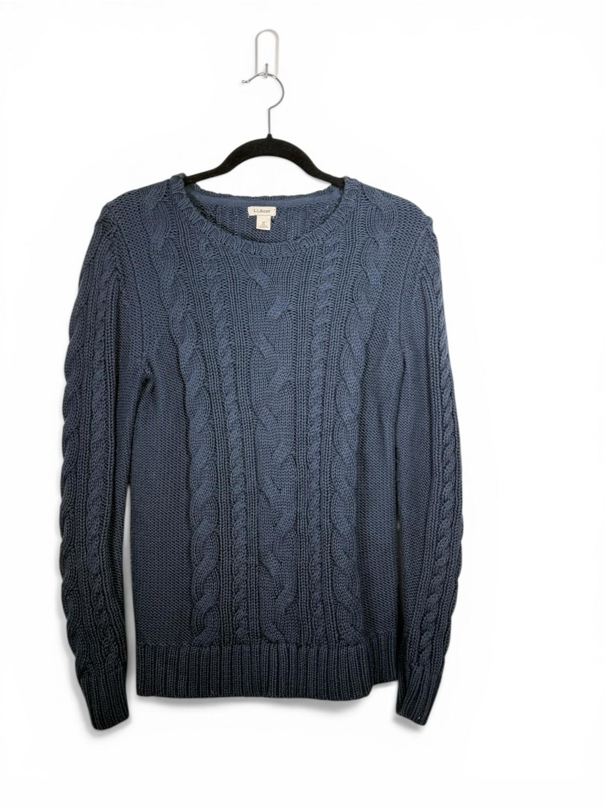 LL Bean Women Medium Cable Knit Crewneck Sweater 100% Cotton Slate Blue Pullover - view 2