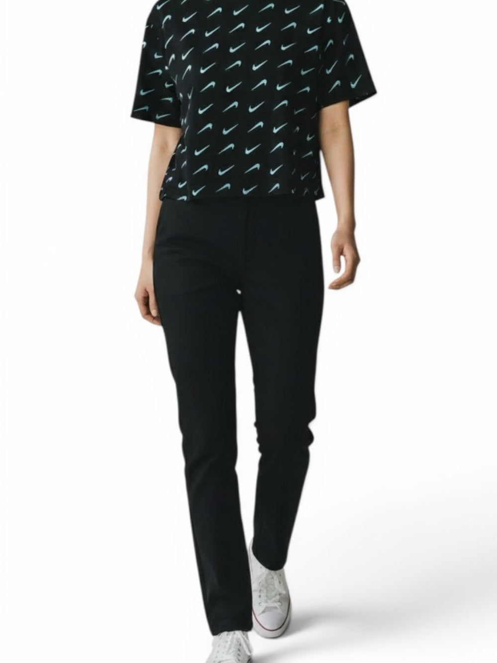 Nike Sportswear Allover Swoosh Print T-Shirt Black Blue Logo Women's Large Top - view 4