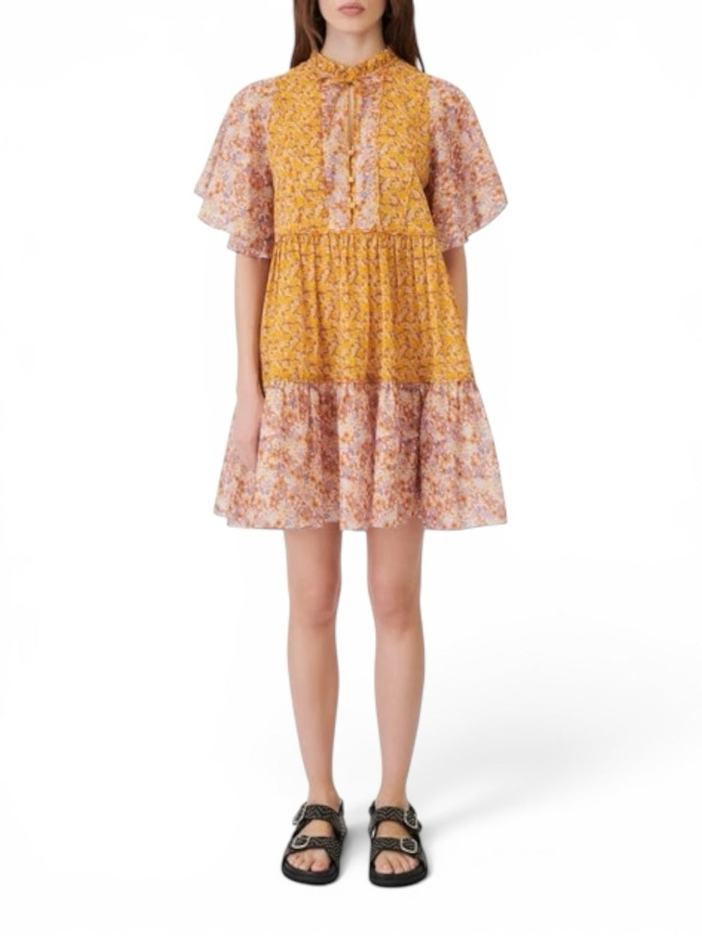 Maje Rissolette Floral Cotton Voile Babydoll Dress Orange FR 38 US 6 Women Small - view 4