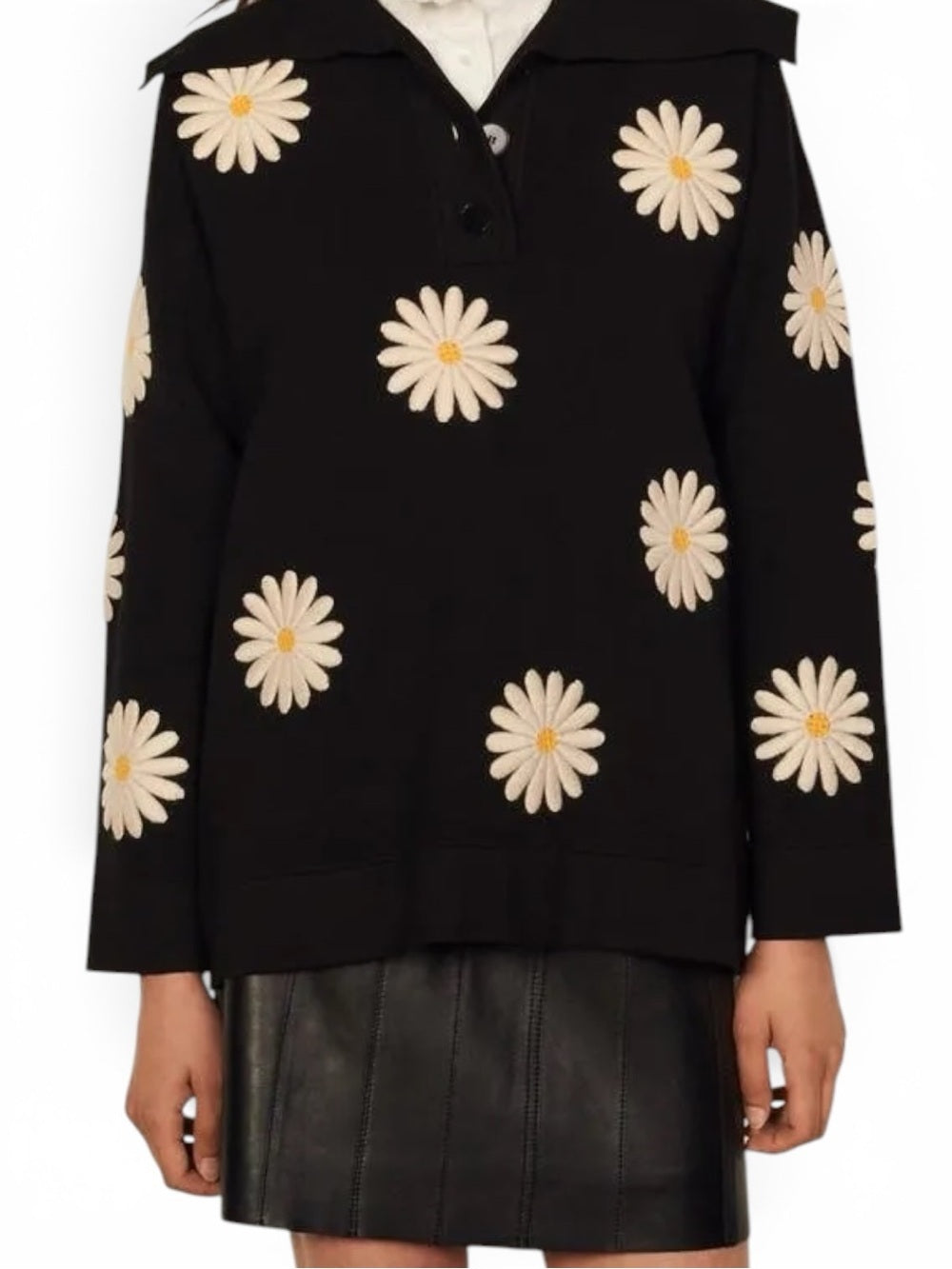 Sandro Paris Black Daisy Embroidered Oversized Collar Sweater Size 1 Small Tunic