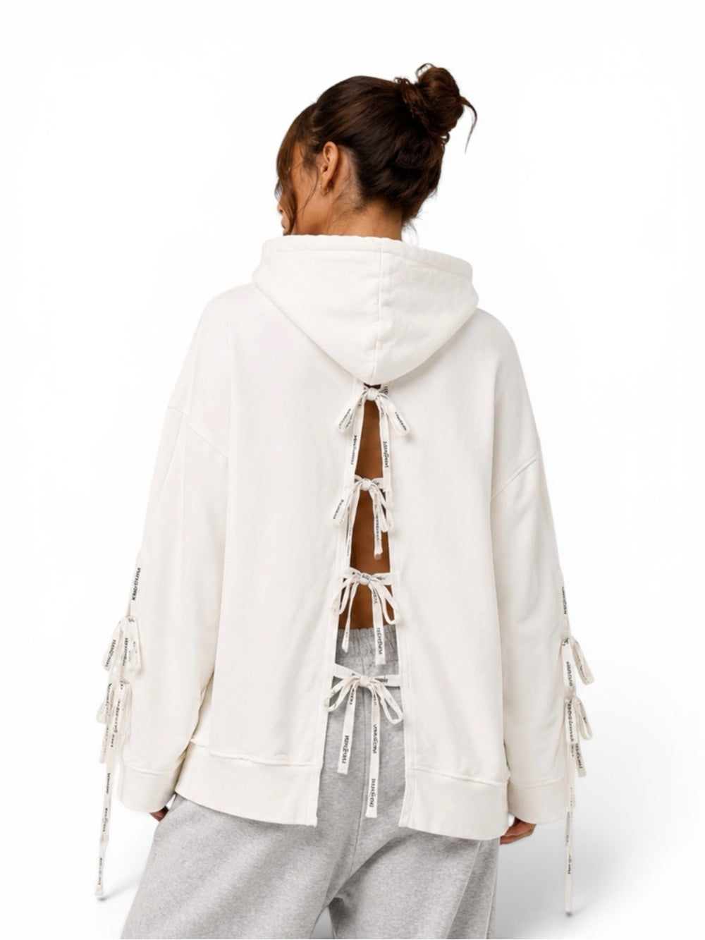 KIMHĒKIM White Oversized Hoodie Ribbon Tie Distressed Hem Women's Medium Sweater - view 2