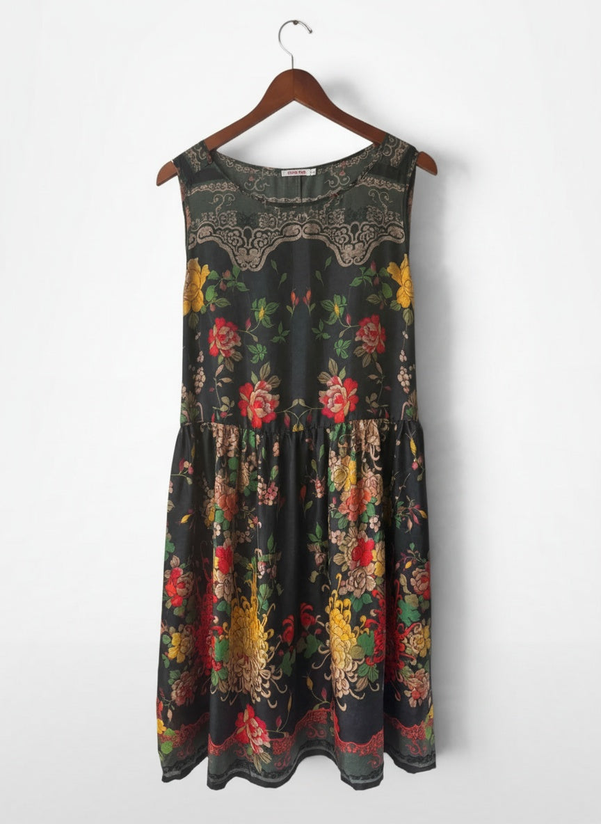 Lay-flat product shot of Johnny Was Black Floral Border Print Silk Sleeveless Dress Medium