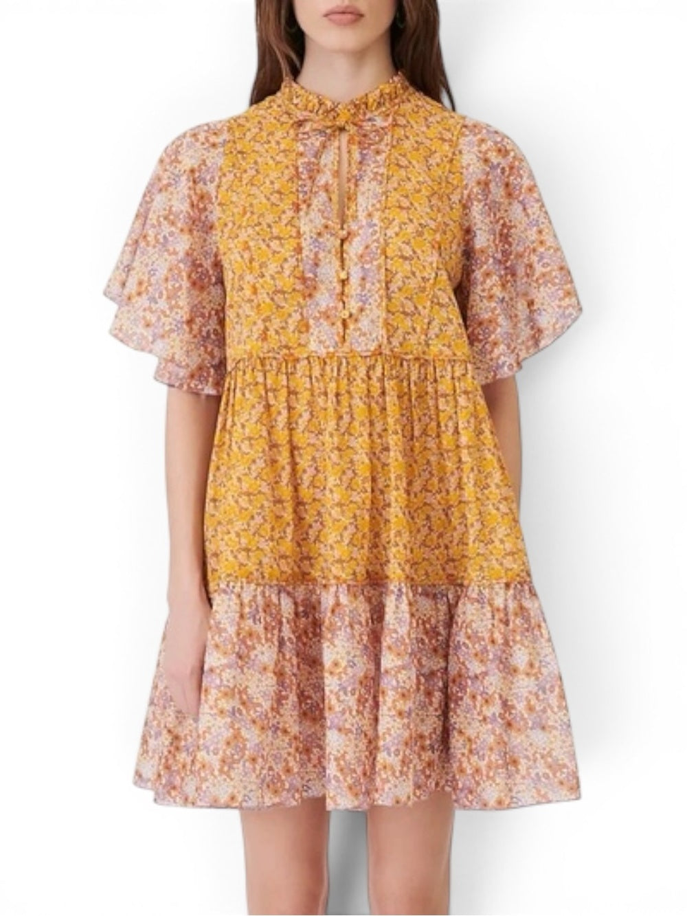 Maje Rissolette Floral Cotton Voile Babydoll Dress Orange FR 38 US 6 Women Small - view 2