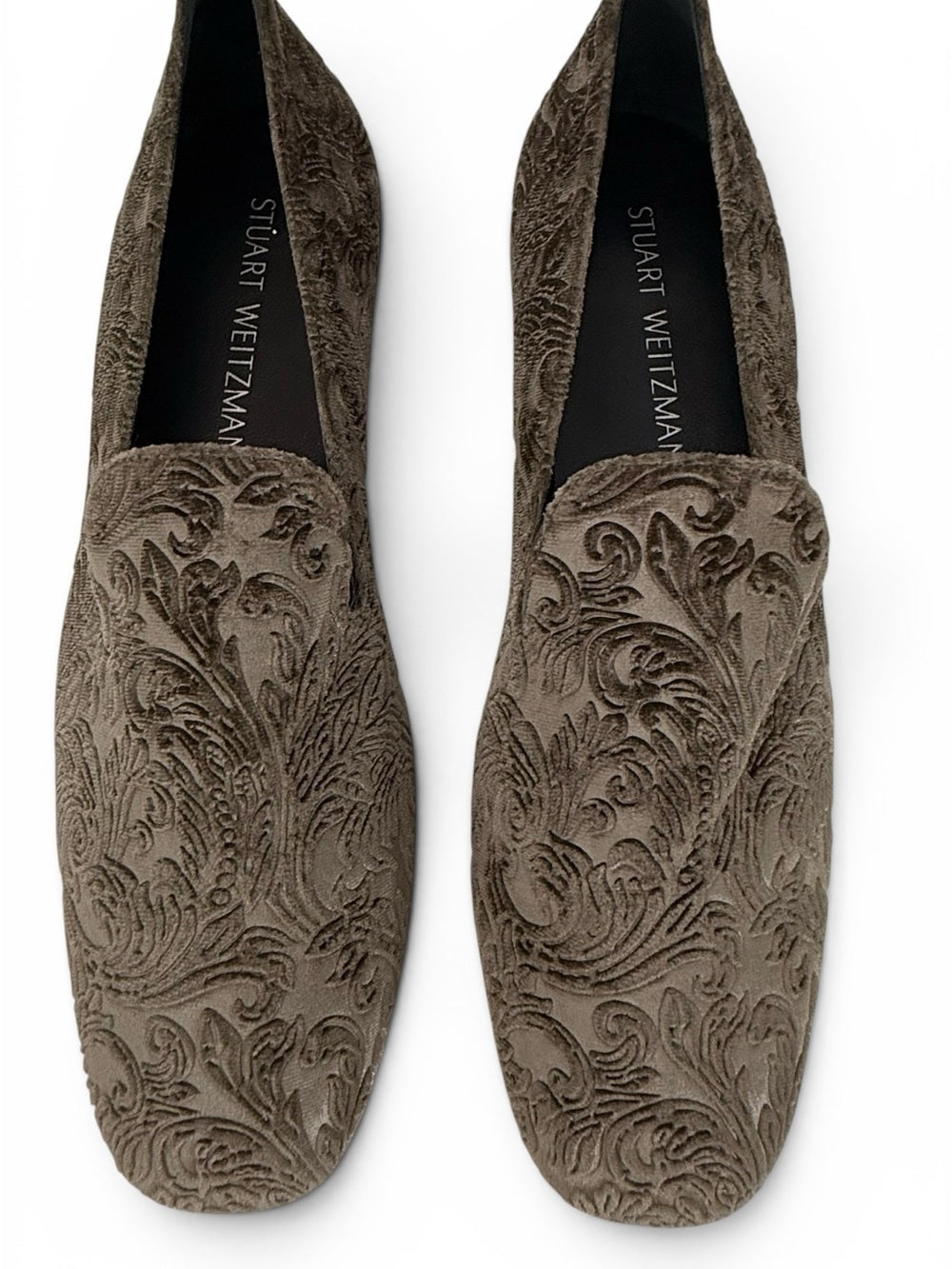 Stuart Weitzman Velvet Loafers Women's 8.5 M Taupe Embossed Slip On Flats Pumps - view 2
