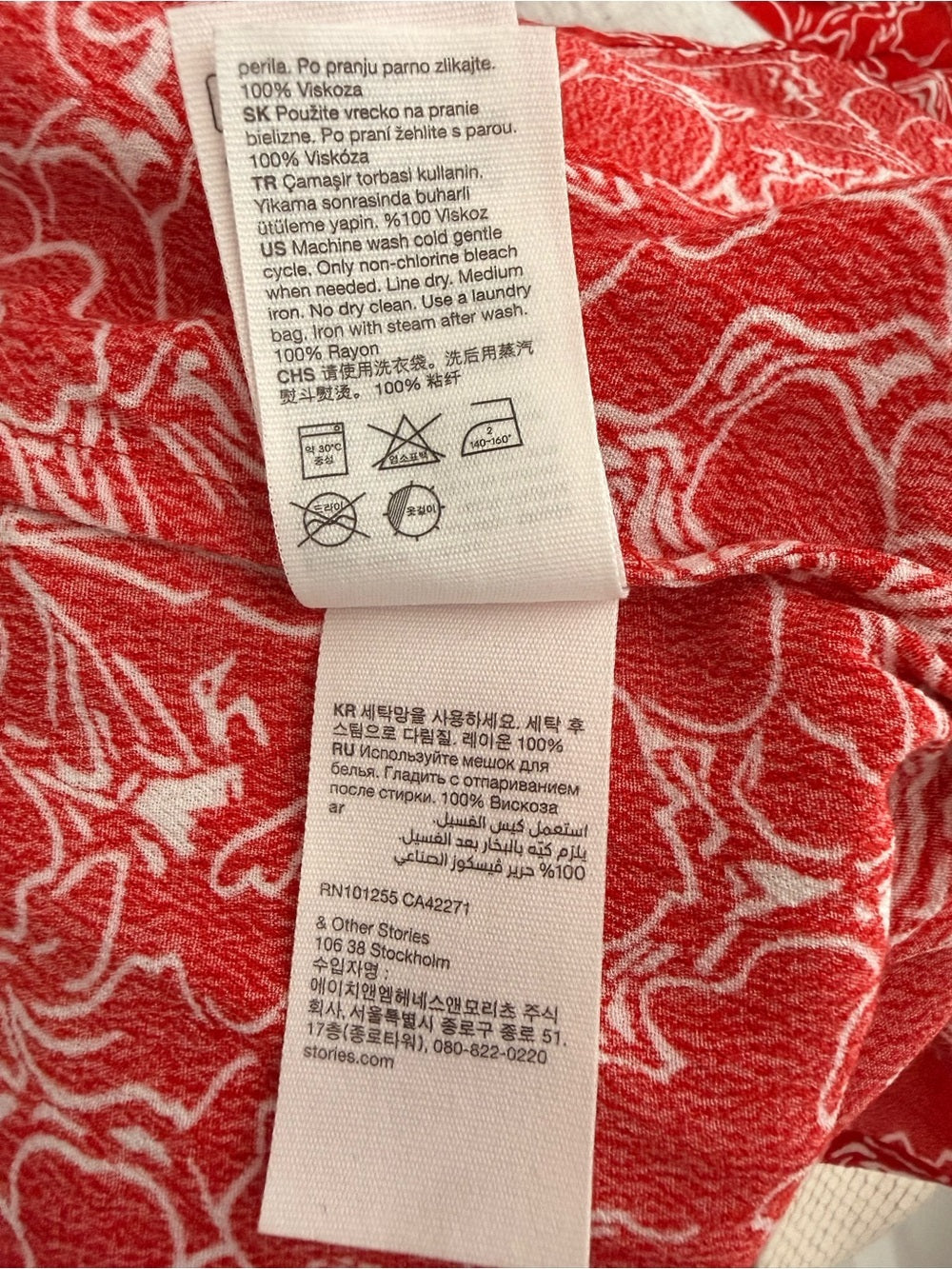 & Other Stories Red Floral Ruched Midi Dress Women EU 38 US 8 Viscose Side Slit - view 9