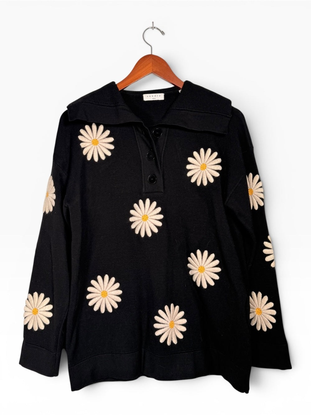 Sandro Paris Black Daisy Embroidered Oversized Collar Sweater Size 1 Small Tunic - view 7