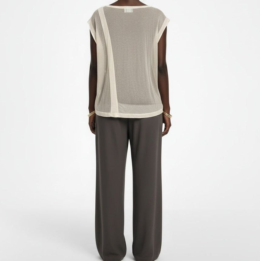 Back pose of the model wearing Yohji Yamamoto Y's Grey & White Layered Sheer Asymmetric Top Size 2