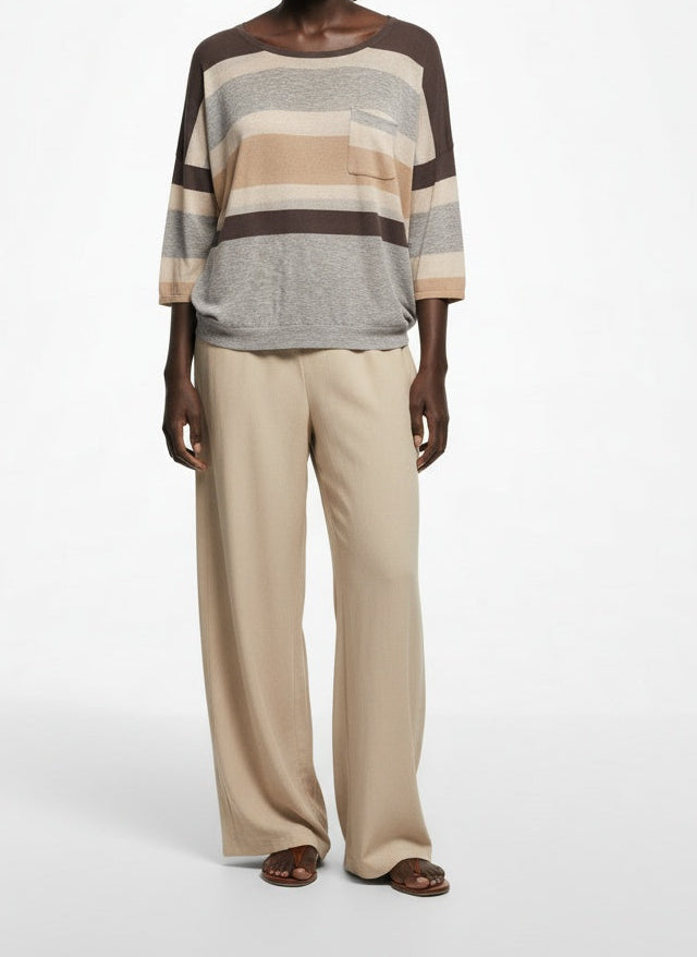 Full body view of the model wearing Sportmax Code Striped Cotton Dolman-Sleeve Top Small