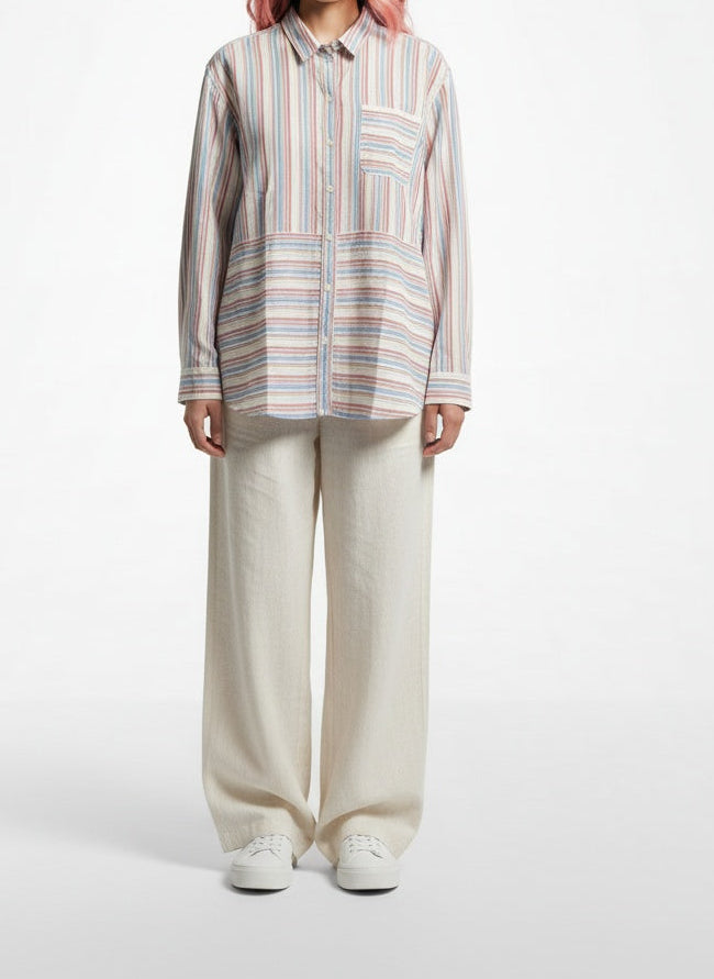 Full body view of the model wearing Barbour Penfor Striped Cotton-Linen Shirt Size 10