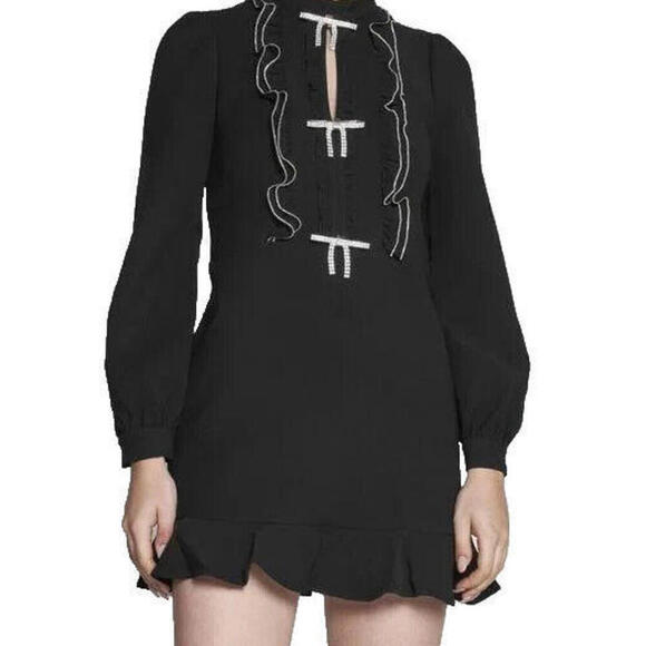 Self Portrait Women's US6 Black AW22-108 Crystal Crêpe Ruffled Bib Mini Dress