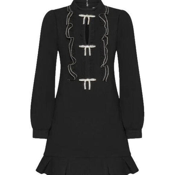 Self Portrait Women's US6 Black AW22-108 Crystal Crêpe Ruffled Bib Mini Dress - view 4