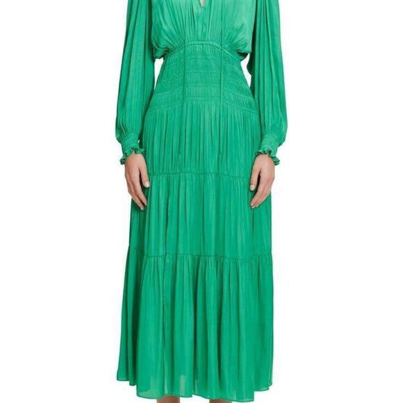 Maje Women Small Green Rovel Dress Long Sleeve Pleated Effect Smocked Waist Midi