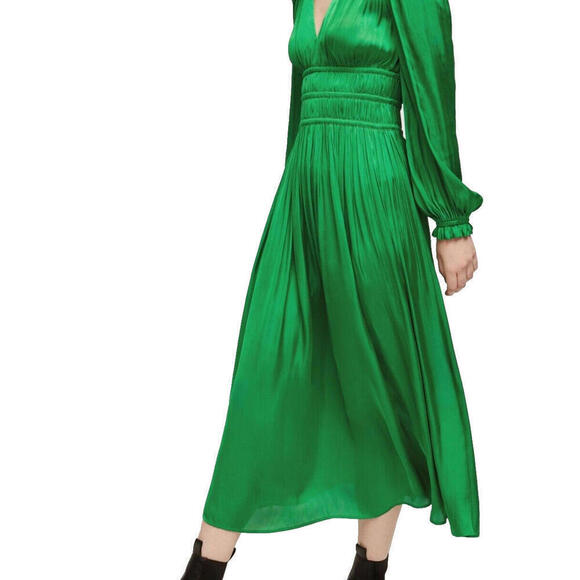 Maje Women Small Green Rovel Dress Long Sleeve Pleated Effect Smocked Waist Midi - view 3