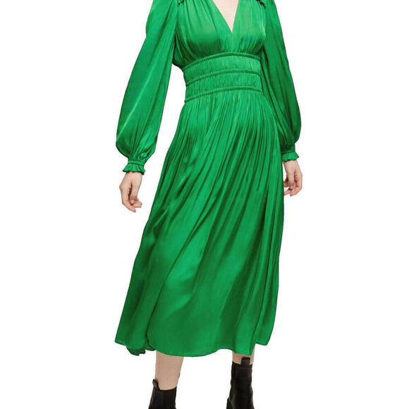 Maje Women Small Green Rovel Dress Long Sleeve Pleated Effect Smocked Waist Midi - view 4