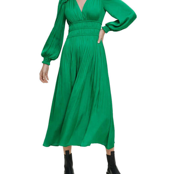 Maje Women Small Green Rovel Dress Long Sleeve Pleated Effect Smocked Waist Midi - view 5