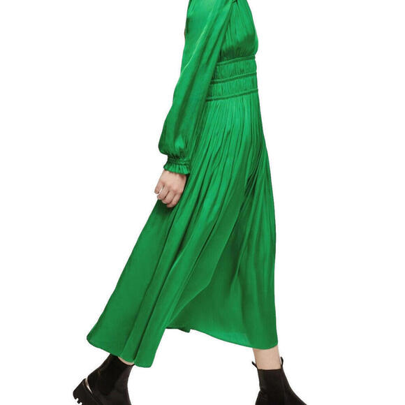 Maje Women Small Green Rovel Dress Long Sleeve Pleated Effect Smocked Waist Midi - view 2