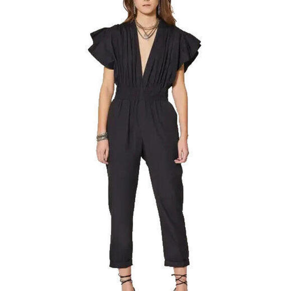 IRO Women's 38 Small Black Pleona Blouson Pleated Deep V-Neck Cotton Jumpsuit