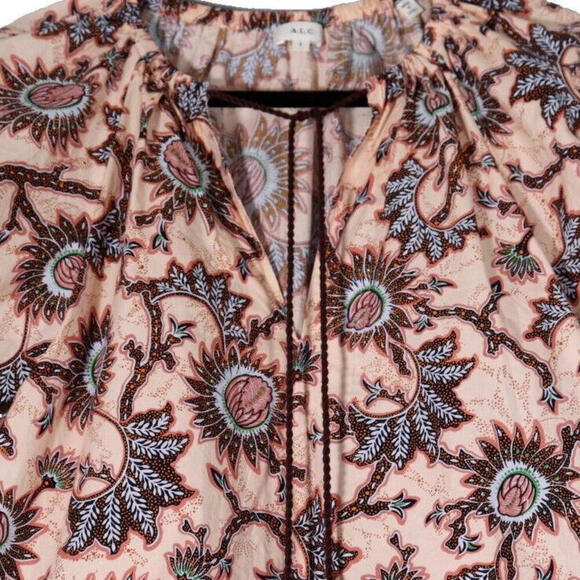 A.L.C Women's US6 Cream Blue Elly Top Print Tassel Tie Neck Puff Sleeve Blouse - view 3