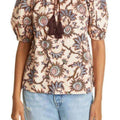 A.L.C Women's US6 Cream Blue Elly Top Print Tassel Tie Neck Puff Sleeve Blouse