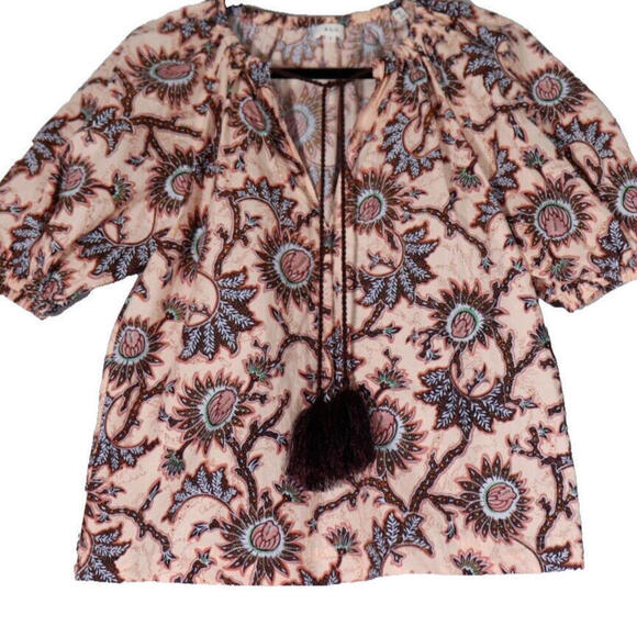 A.L.C Women's US6 Cream Blue Elly Top Print Tassel Tie Neck Puff Sleeve Blouse - view 2