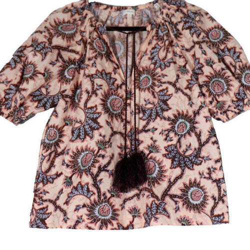 A.L.C Women's US6 Cream Blue Elly Top Print Tassel Tie Neck Puff Sleeve Blouse - view 2