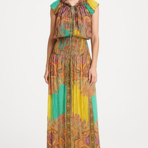 Etro Metallic Silk Gown 44 Yellow Paisley Maxi Dress Resort Wedding Guest $4895