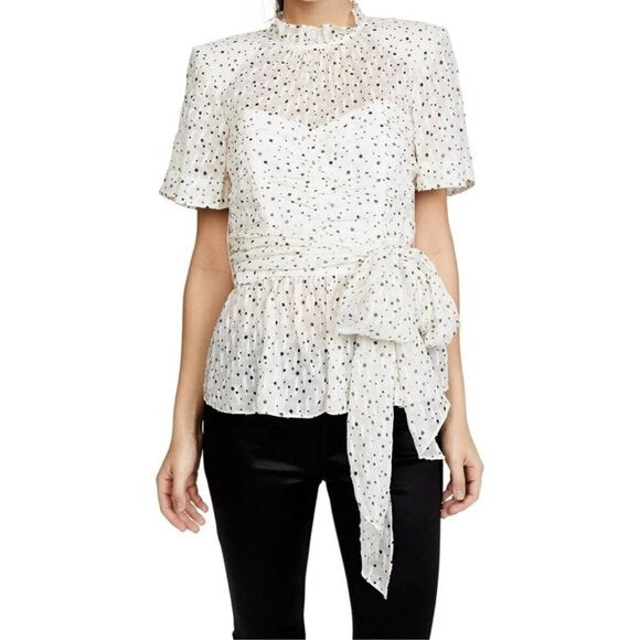 Rebecca Taylor Women's Size US6 Small Snow Combo White Black Star Blouse Tie Top
