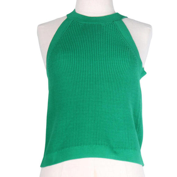 & Other Stories Small Green Ribbed Knit Fitted Halter Knit Top Sleeveless Cotton - view 3