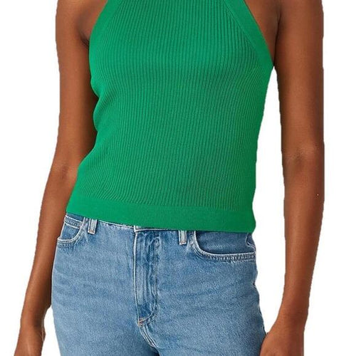 & Other Stories Small Green Ribbed Knit Fitted Halter Knit Top Sleeveless Cotton