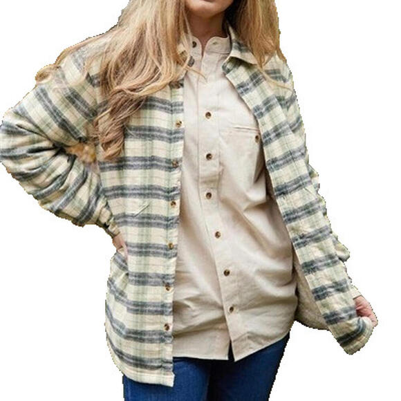 Lee Valley Unisex  XS Ecru Green Check Flannel Fleece Lined Shirt Jacket LV5 NWT