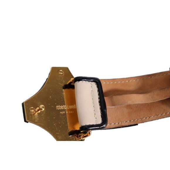 Roberto Cavalli Women's Size 38 XS US2 Ivory Black Gold Belt Logo Buckle Belt - view 4