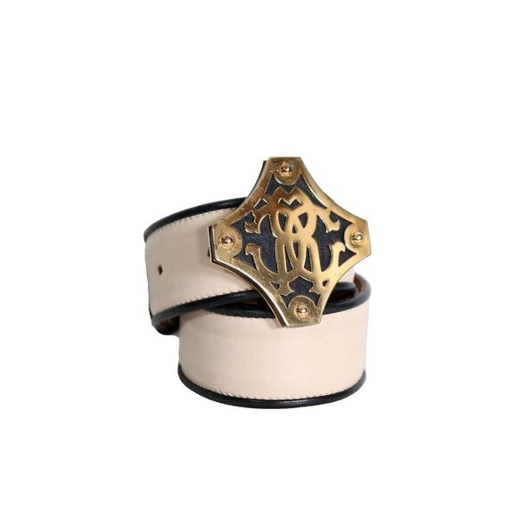 Roberto Cavalli Women's Size 38 XS US2 Ivory Black Gold Belt Logo Buckle Belt