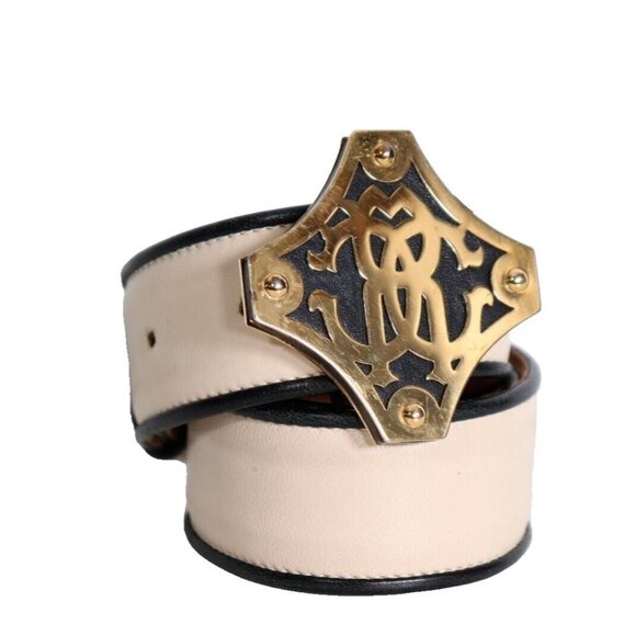 Roberto Cavalli Women's Size 38 XS US2 Ivory Black Gold Belt Logo Buckle Belt - view 2