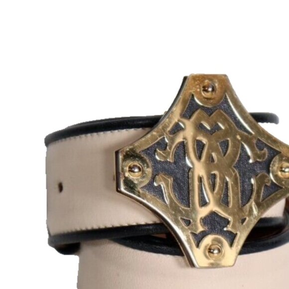 Roberto Cavalli Women's Size 38 XS US2 Ivory Black Gold Belt Logo Buckle Belt - view 3
