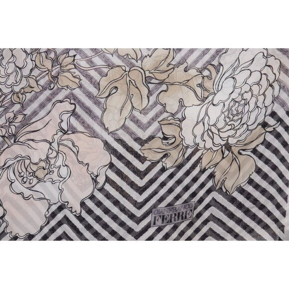 Gianfranco Ferre Unisex Large Black White Chevron Floral Silk Scarf 174 x 35 cm - view 3