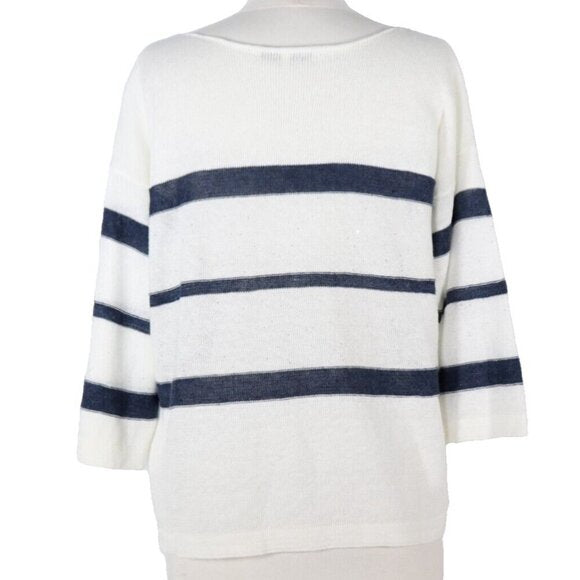 Rani Arabella Womens Large Navy Blue Ivory Sequin Striped Sweater Linen Pullover - view 2