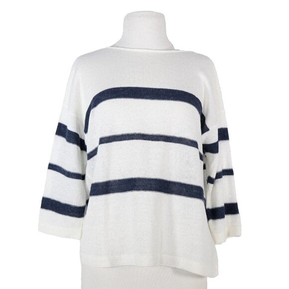 Rani Arabella Womens Large Navy Blue Ivory Sequin Striped Sweater Linen Pullover