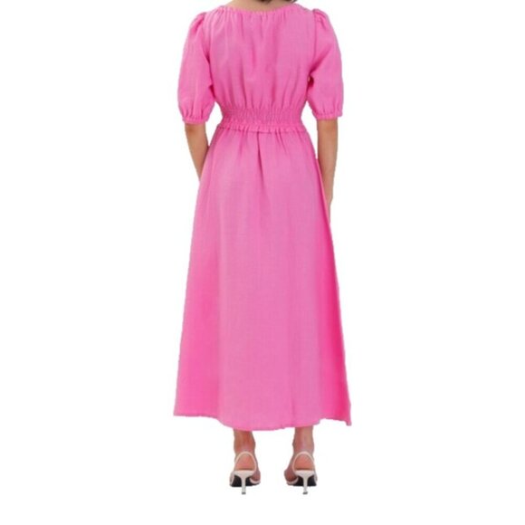 Aligne Women US4 Fuscha Pink Frederika Dress Smocked Puff Sleeve Pckt Linen Maxi - view 2